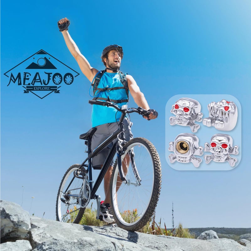 MEAJOO 4 قطع من أغطية جذع صمام الإطارات على شكل جمجمة من MEAJOO، ملحقات أغطية صمام العجلة المقاومة للغبار، مع حلقة دائرية مطاطية، عالمية للسيارات وسيارات الدفع الرباعي والدراجات والشاحنات والدراجات النارية (فضي) - Image 5